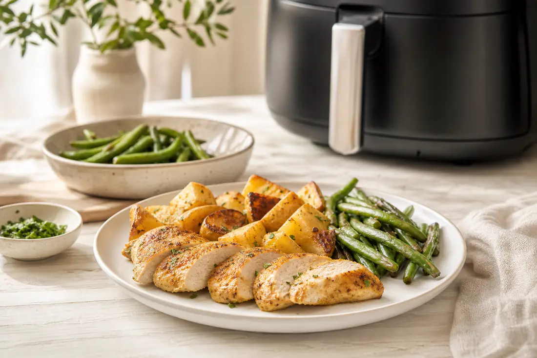 Petto di pollo a fette, patate croccanti e fagiolini su piatti bianchi, con la friggitrice ad aria sullo sfondo