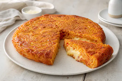 Frittata di pasta tonda con superficie dorata e croccante, tagliata a spicchi con spaghetti e provola filante all’interno