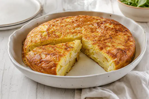 Frittata di patate alta e dorata in una teglia rotonda, tagliata a spicchi con fette di patata e cipolla visibili all’interno