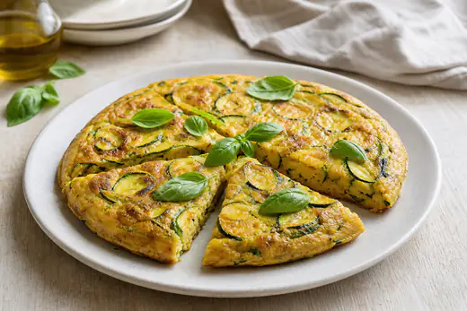 Frittata di zucchine tonda e dorata tagliata a spicchi, con rondelle di zucchina verdi visibili nel composto e basilico fresco