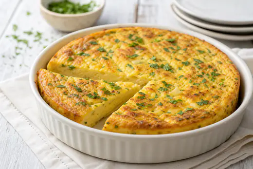 Frittata alta e dorata in una teglia rotonda, tagliata a spicchi, con prezzemolo tritato e il centro morbido ben visibile