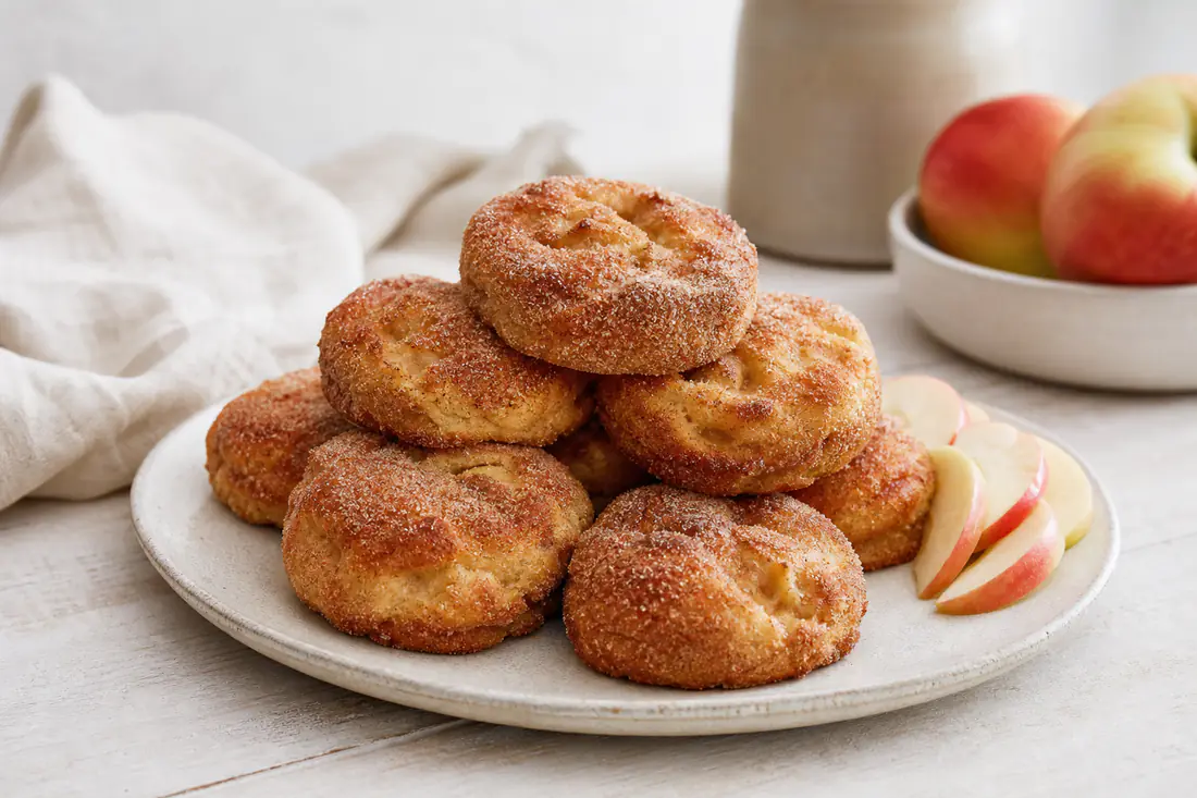 Frittelle di mele tonde e dorate rotolate nello zucchero e cannella, impilate su un piatto con mele a fette accanto