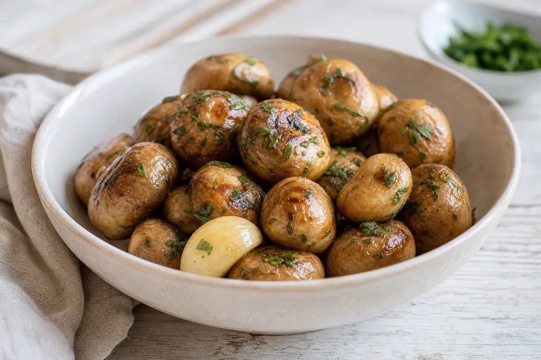 Funghi champignon interi dorati con prezzemolo tritato e uno spicchio d’aglio, serviti in una ciotola di ceramica