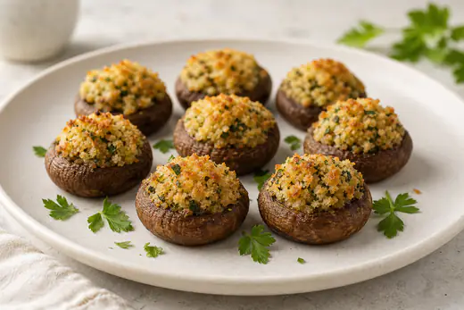 Cappelle di funghi champignon ripiene di pangrattato, prezzemolo e parmigiano gratinato, su un piatto con foglie di prezzemolo