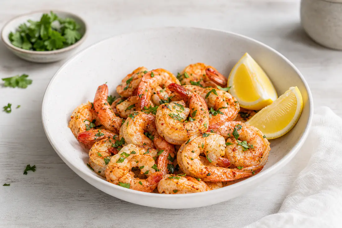 Gamberi sgusciati con la coda, rosati e leggermente dorati, serviti in una ciotola con prezzemolo tritato e spicchi di limone