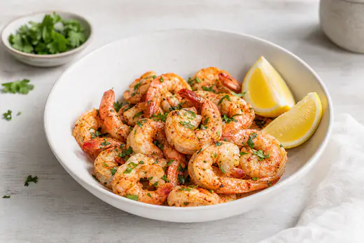 Gamberi sgusciati con la coda, rosati e leggermente dorati, serviti in una ciotola con prezzemolo tritato e spicchi di limone
