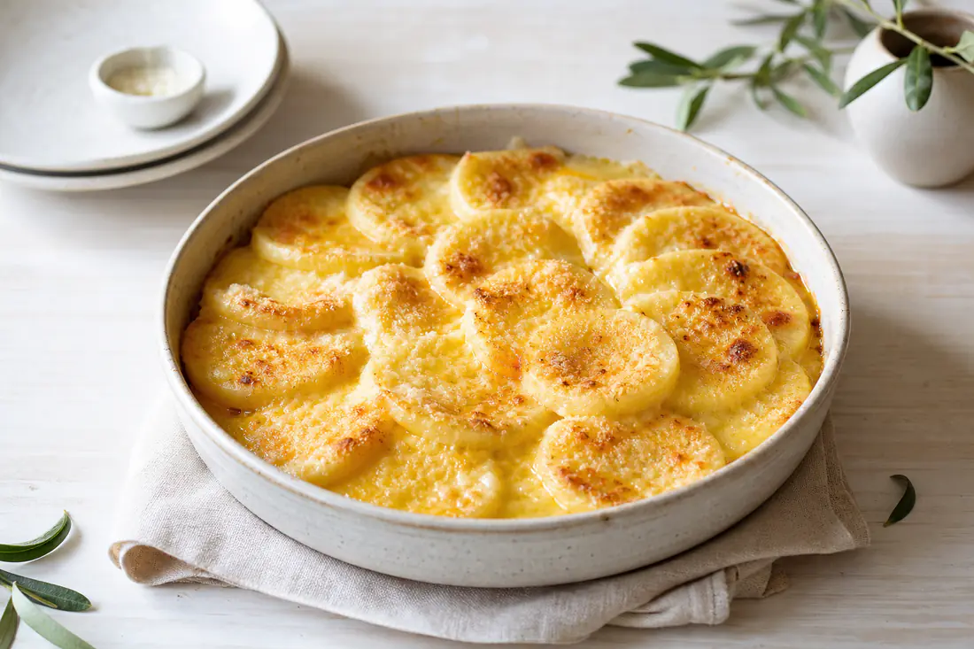 Gnocchi alla romana, dischi tondi di semolino sovrapposti in una teglia, con superficie dorata di burro fuso e parmigiano gratinato