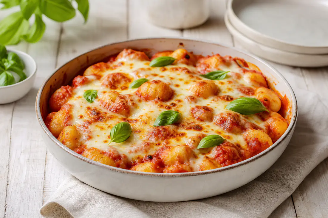Gnocchi alla sorrentina in una teglia rotonda, con sugo di pomodoro, mozzarella fusa dorata e foglie di basilico fresco