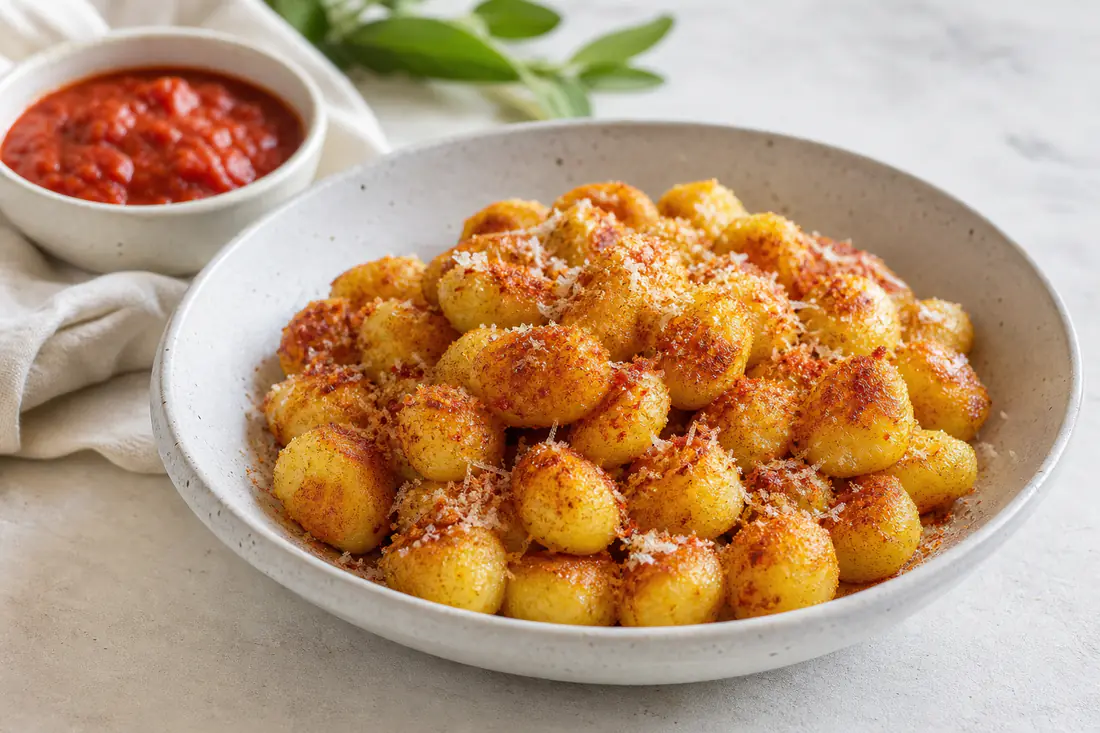 Gnocchi di patate croccanti e dorati in una ciotola, con paprika e parmigiano grattugiato, accanto a una ciotolina di salsa al pomodoro