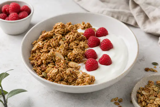Granola dorata con grossi grumi di fiocchi d’avena, mandorle e semi, in una ciotola di ceramica con yogurt bianco e lamponi freschi