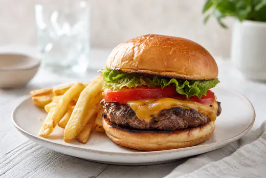 Hamburger di manzo in un panino con formaggio fuso, lattuga e pomodoro, servito con un lato di patatine su un piatto