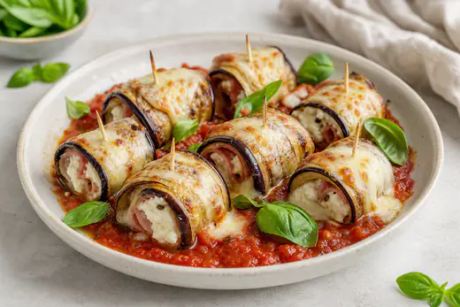 Involtini di melanzane arrotolati attorno a ricotta e prosciutto cotto, con mozzarella fusa e dorati in superficie, su un letto di passata con basilico