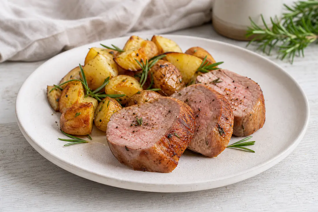 Medaglioni di filetto di maiale dorati e leggermente rosati al centro, serviti su un piatto con patate arrosto e rosmarino