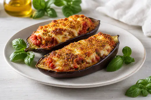 Mezze melanzane a barchetta ripiene di pomodoro, pangrattato e formaggio, con la superficie gratinata e dorata, su un piatto con basilico