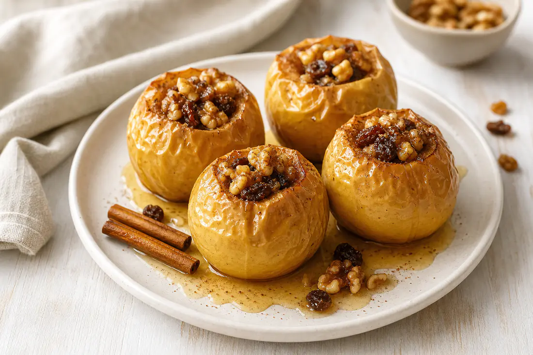 Quattro mele cotte intere con la buccia raggrinzita e dorata, ripiene di uvetta e noci, su un piatto con cannella e un filo di miele