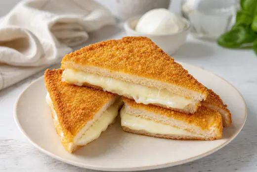 Mozzarella in carrozza dorata tagliata in diagonale, con la mozzarella filante tra due fette di pane panate, su un piatto