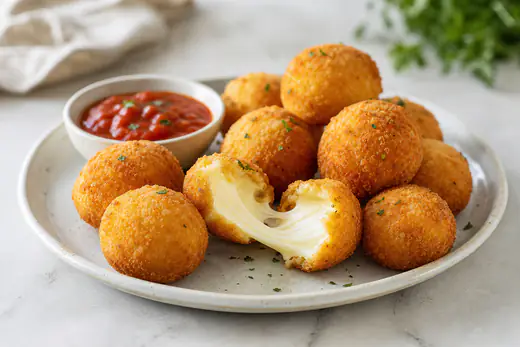 Mozzarelline impanate dorate, una spezzata a metà con il formaggio filante, servite su un piatto con salsa di pomodoro