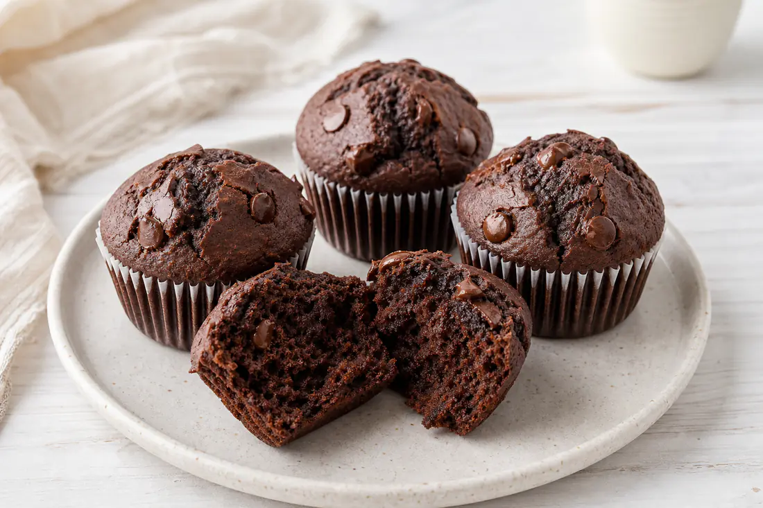 Muffin al cioccolato scuri con la cupola screpolata e gocce di cioccolato fuse, uno spezzato che mostra la mollica umida
