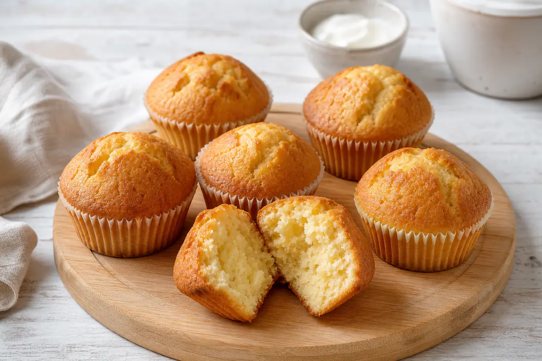 Sei muffin allo yogurt con la cupola dorata nei pirottini di carta, uno spezzato a metà che mostra la mollica soffice