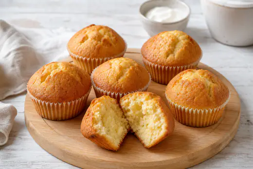 Sei muffin allo yogurt con la cupola dorata nei pirottini di carta, uno spezzato a metà che mostra la mollica soffice