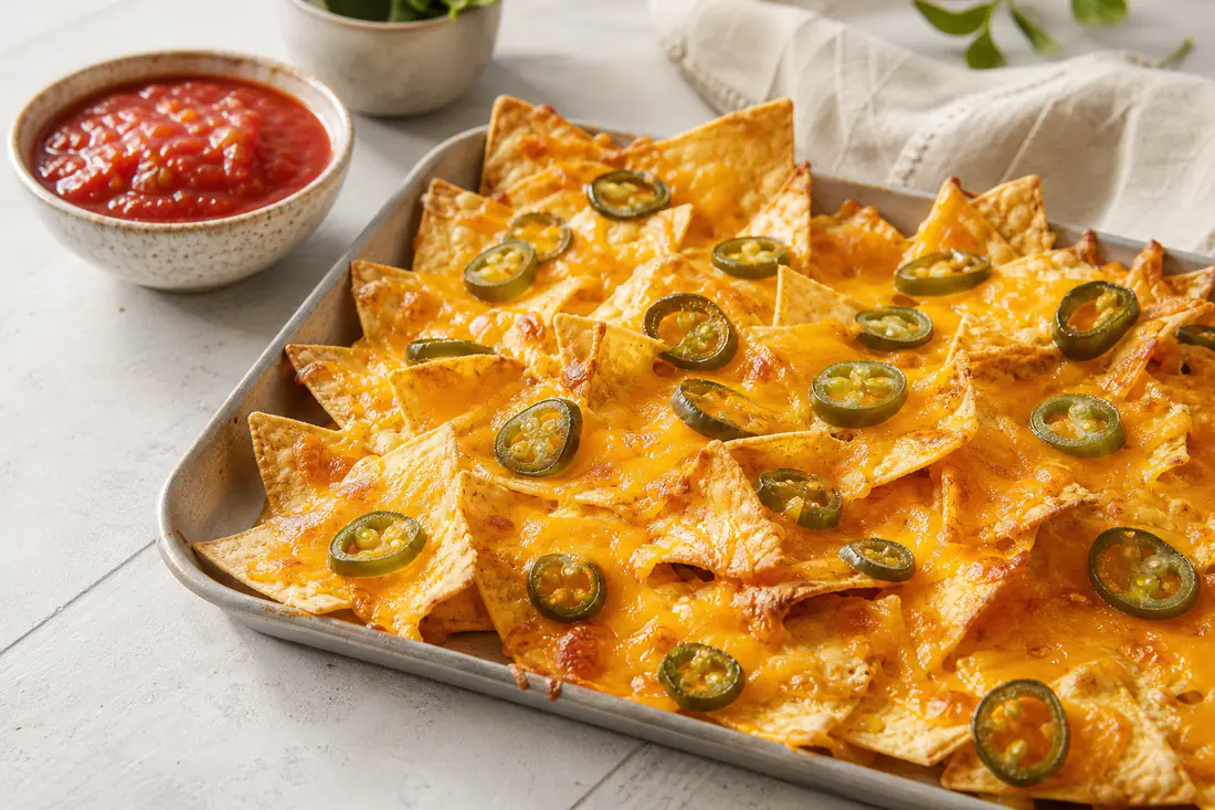 Teglia di nachos dorati coperti di formaggio cheddar fuso e jalapeño a rondelle, con una ciotolina di salsa rossa accanto