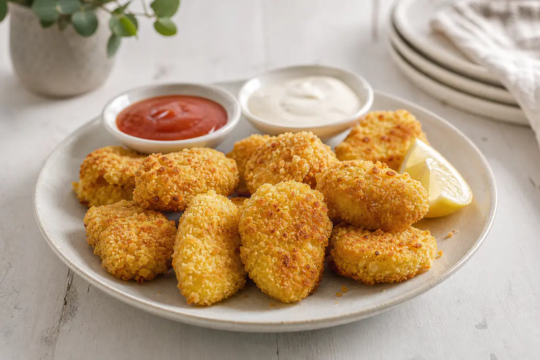 Nuggets di pollo dorati e croccanti su un piatto, con due ciotoline di salsa e spicchi di limone