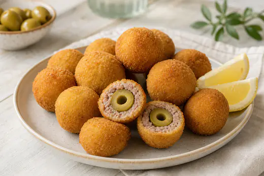 Olive ascolane impanate dorate, una tagliata a metà con il ripieno di carne e l’oliva verde, servite su un piatto con spicchi di limone