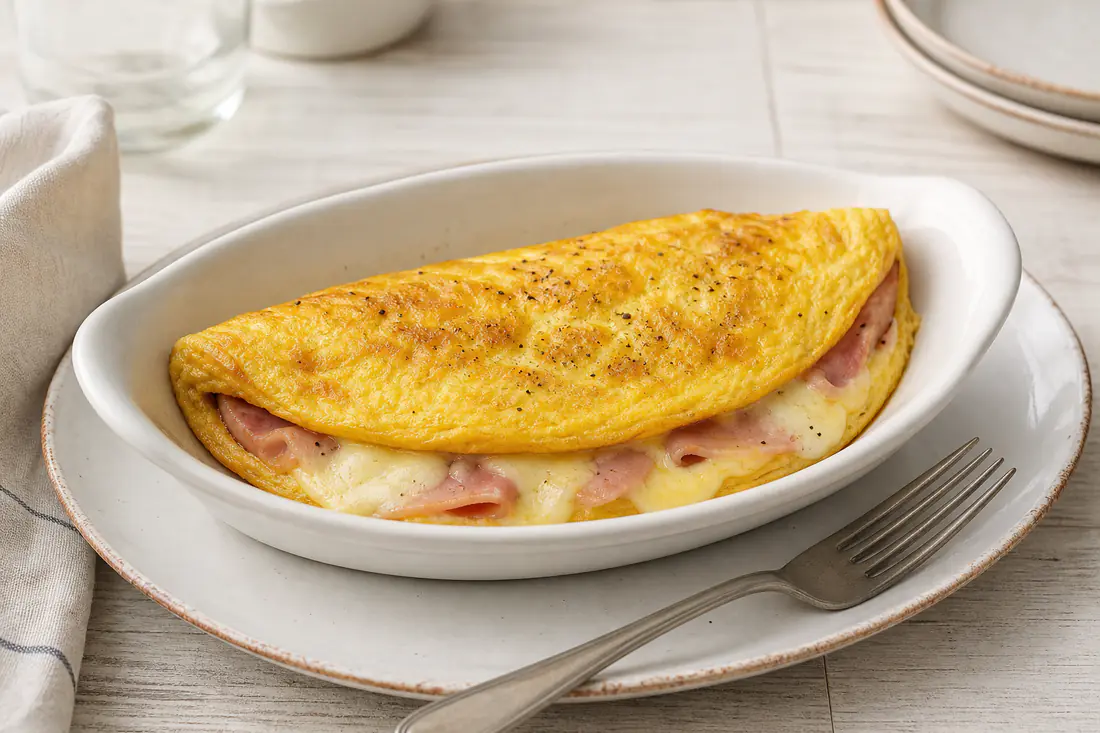 Omelette dorata e alta piegata a metà in una teglietta, con prosciutto cotto e formaggio fuso visibili all’interno