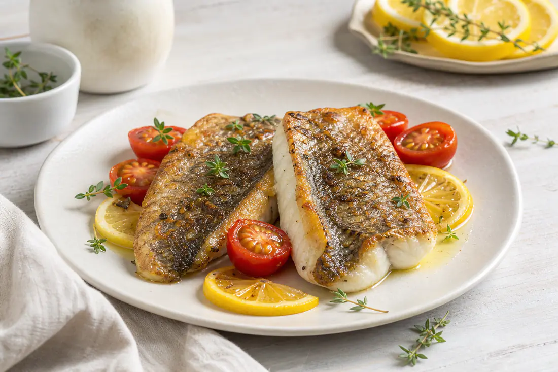 Due filetti di orata con la pelle dorata e croccante serviti con fettine di limone, rametti di timo e pomodorini su un piatto bianco