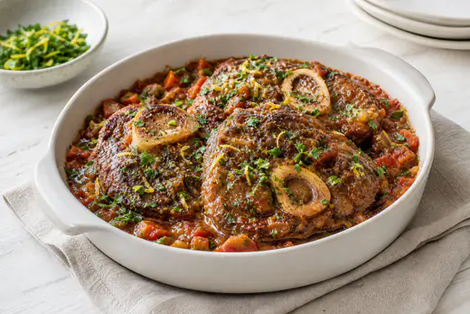 Ossobuco di vitello con l’osso e il midollo, in sugo con verdure e gremolada di prezzemolo e limone, in una pirofila bassa