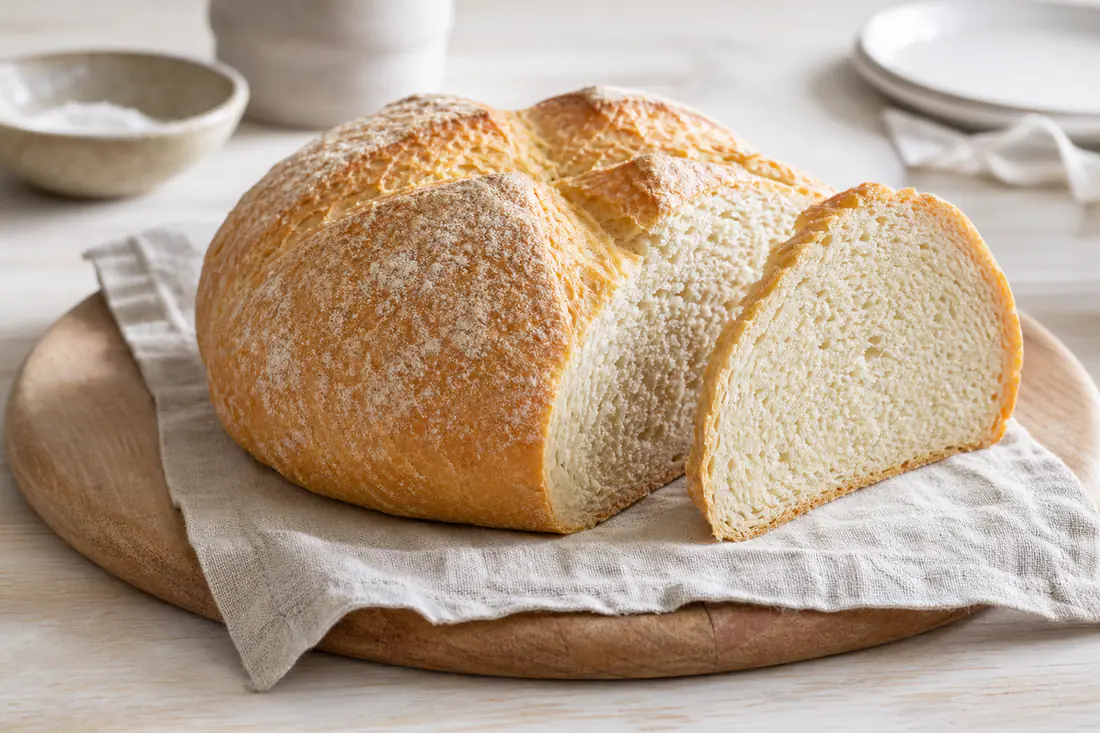 Piccola pagnotta rotonda di pane con una croce incisa sopra, crosta dorata e infarinata, tagliata a fette su un tagliere con un canovaccio