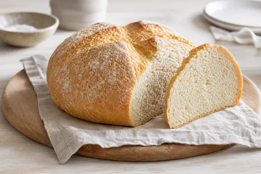 Piccola pagnotta rotonda di pane con una croce incisa sopra, crosta dorata e infarinata, tagliata a fette su un tagliere con un canovaccio