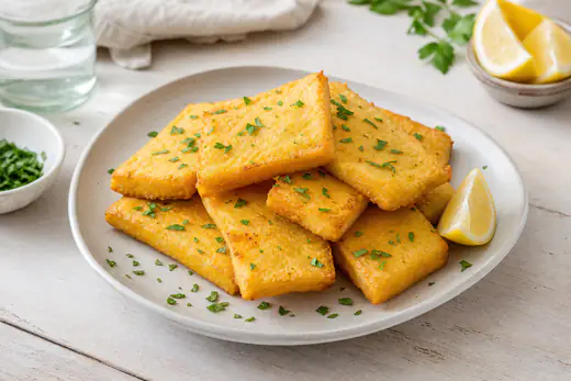 Panelle siciliane rettangolari di farina di ceci dorate e croccanti, con prezzemolo e uno spicchio di limone, serviti su un piatto