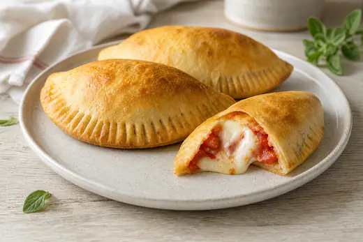 Panzerotti a mezzaluna dorati con bordo sigillato a forchetta, uno aperto con mozzarella filante e pomodoro, su un piatto