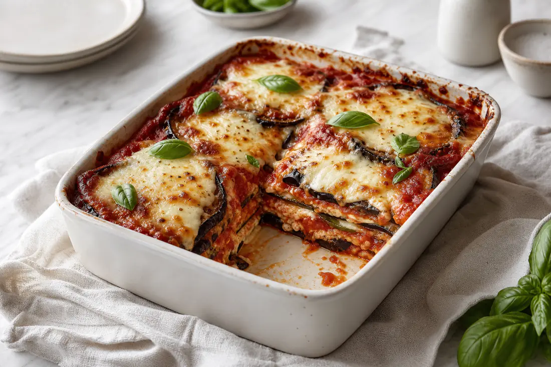 Parmigiana di melanzane in una teglia quadrata, con strati di melanzane, sugo di pomodoro e mozzarella fusa dorata, foglie di basilico sopra