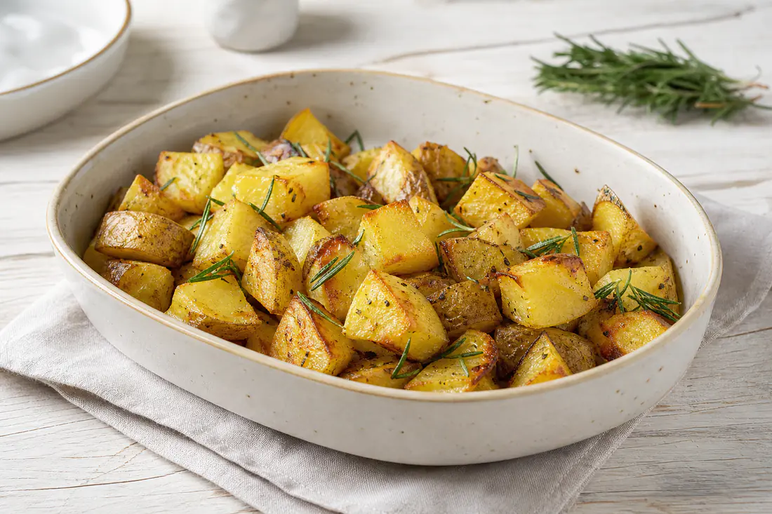 Patate a tocchetti dorate e croccanti con rosmarino fresco, servite in una teglia bassa