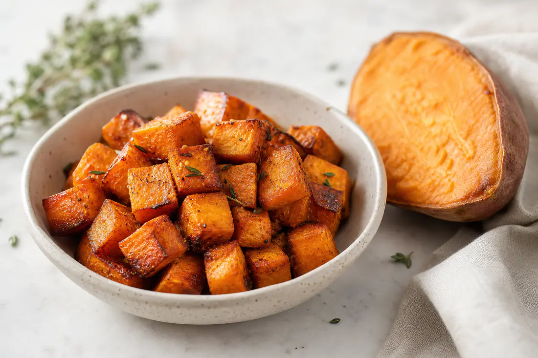 Cubetti di patate dolci arancioni con bordi caramellati e croccanti, serviti in una ciotola con un pizzico di paprica affumicata