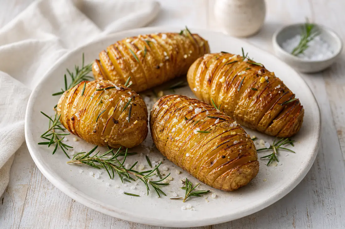 Quattro patate hasselback incise a ventaglio, dorate e croccanti ai bordi, con aglio, rosmarino e sale in scaglie