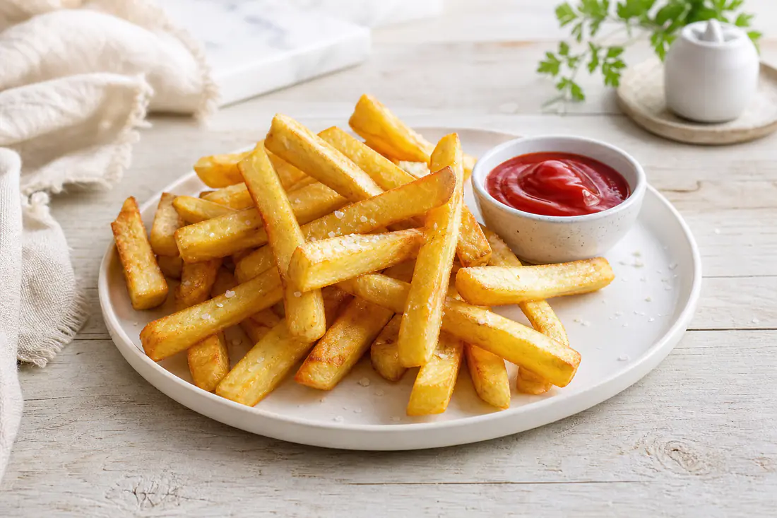 Un piatto di patatine fritte dorate e croccanti, tagliate a bastoncino, con sale e una ciotolina di ketchup