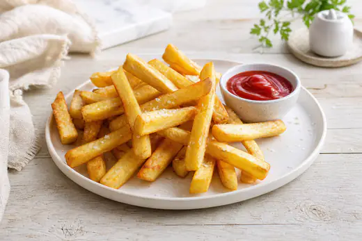 Un piatto di patatine fritte dorate e croccanti, tagliate a bastoncino, con sale e una ciotolina di ketchup