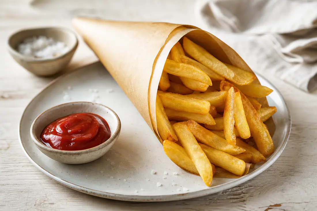 Patatine fritte dorate e croccanti in un cestino di carta con sale e un piccolo recipiente di ketchup