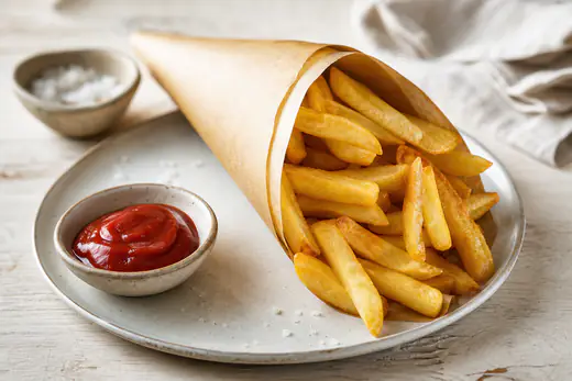 Patatine fritte dorate e croccanti in un cestino di carta con sale e un piccolo recipiente di ketchup