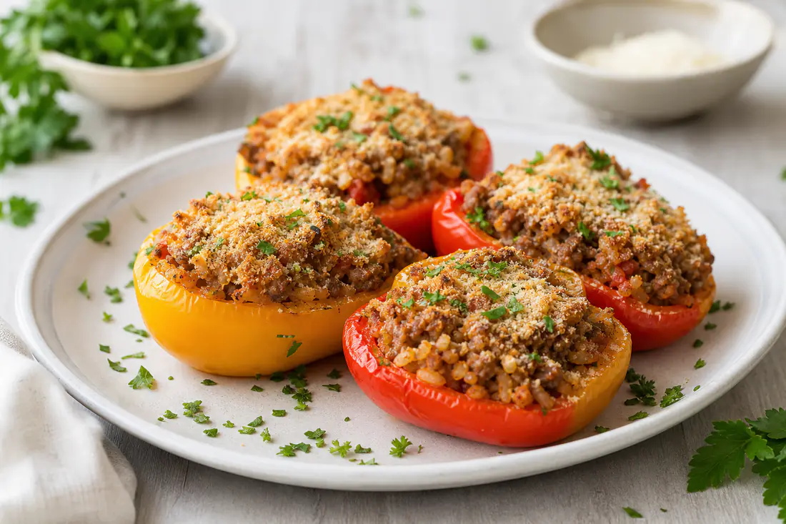 Mezzi peperoni rossi e gialli ripieni di carne e riso, con la superficie gratinata e dorata, serviti su un piatto con prezzemolo fresco