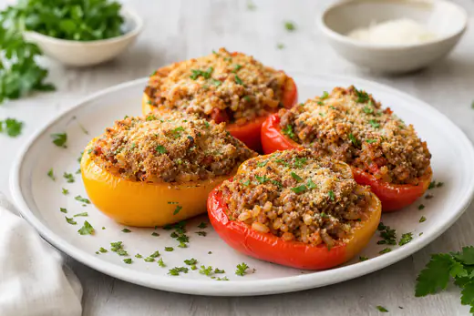 Mezzi peperoni rossi e gialli ripieni di carne e riso, con la superficie gratinata e dorata, serviti su un piatto con prezzemolo fresco