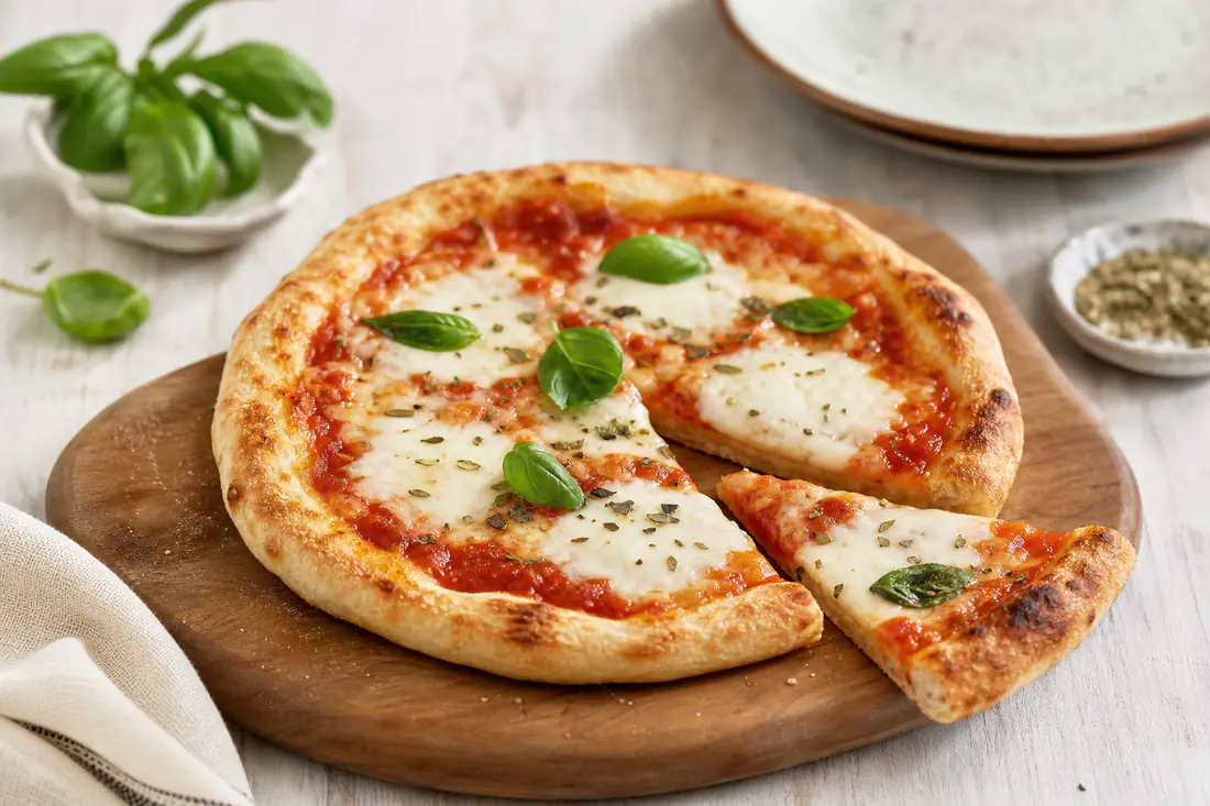 Pizzetta rotonda con mozzarella filante, salsa di pomodoro e foglie di basilico fresco, appoggiata su un tagliere di legno