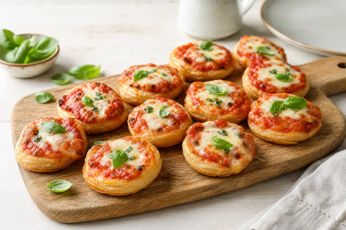 Pizzette tonde di pasta sfoglia con passata di pomodoro, mozzarella fusa e foglie di basilico, servite su un tagliere