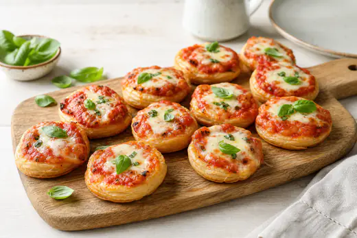 Pizzette tonde di pasta sfoglia con passata di pomodoro, mozzarella fusa e foglie di basilico, servite su un tagliere