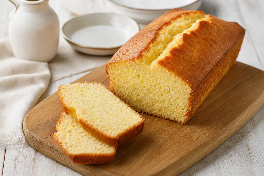 Plumcake dorato con la crepa al centro, tagliato a fette che mostrano la mollica soffice e gialla, su un tagliere di legno