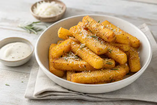 Stick di polenta dorati e croccanti con parmigiano grattugiato e rosmarino, serviti in una ciotola accanto a una salsina