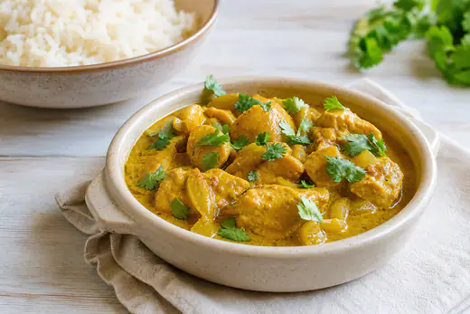 Pollo al curry in una piccola ciotola in ceramica con salsa cremosa giallo-dorata, bocconcini di pollo e cipolla, coriandolo fresco e una ciotola di riso basmati